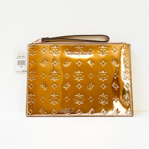 Michael Kors Jet Set Travel XL Clutch Wristlet Mirror Metallic MK Rose Gold